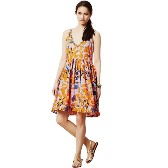 LEIFSDOTTIR Shimmered Garden Floral Spring Dress Sz 8 Orange Pink Rhinestones - Picture 1 of 10